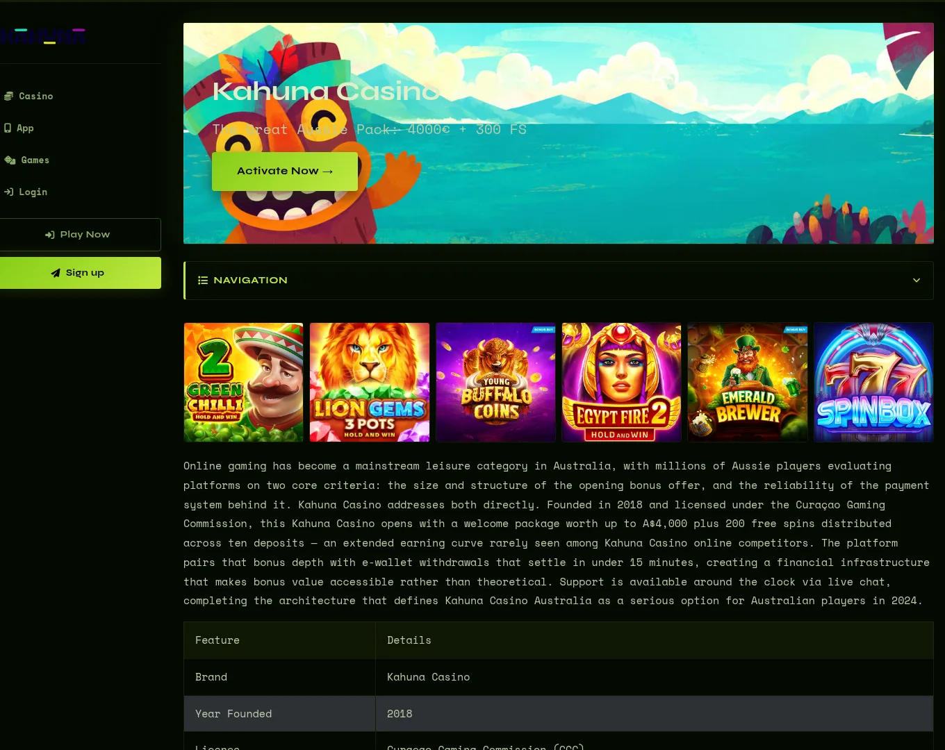 Kahuna Casino desktop casino interface with AUD account access and game categories