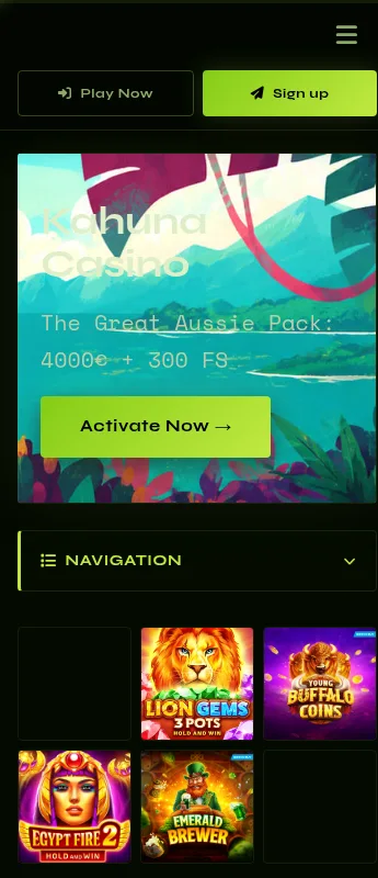 Kahuna Casino mobile browser account with game access, bonus tracking and payment features